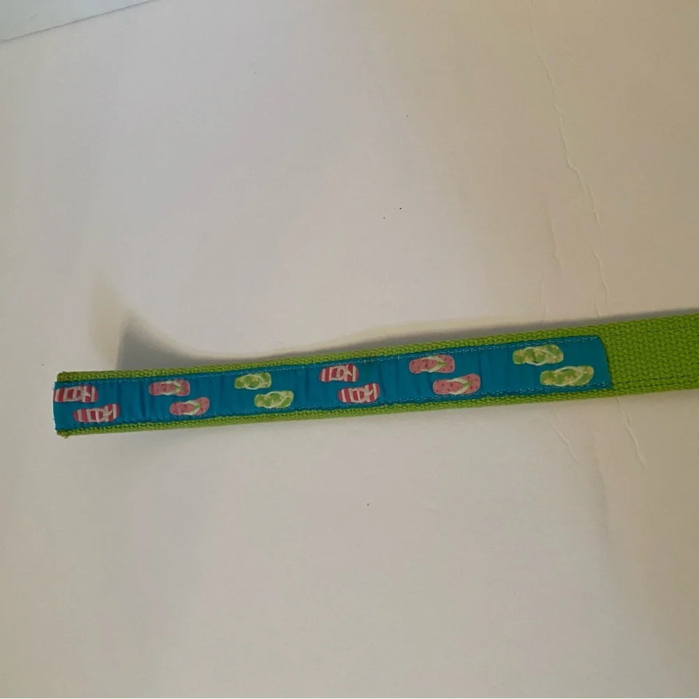 DOUGLAS PAQUETTE BELT GREEN CANVAS WEBBING BLUE FLIP FLOP RIBBON SIZE L USA